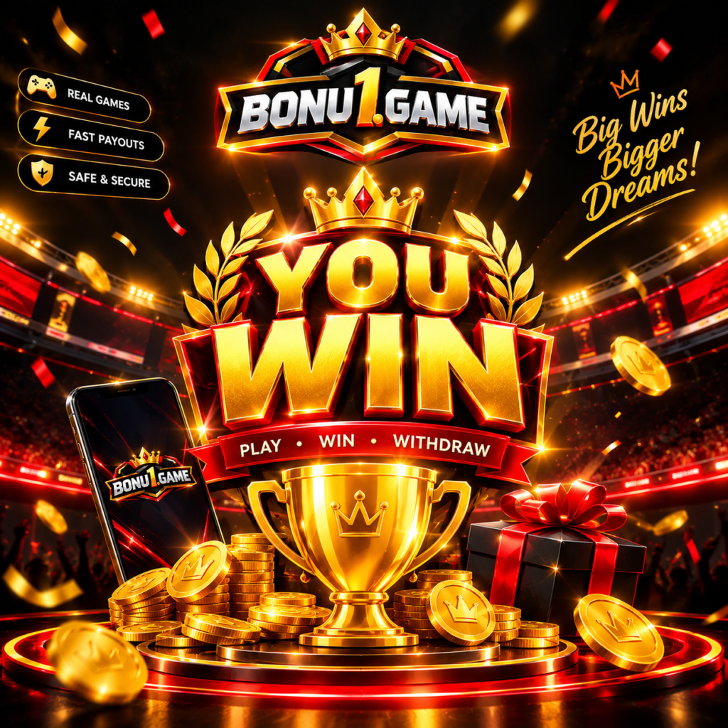 BONU1.GAME winning game banner with a golden trophy, coins, crown logo, confetti, and glowing red-gold stadium background.